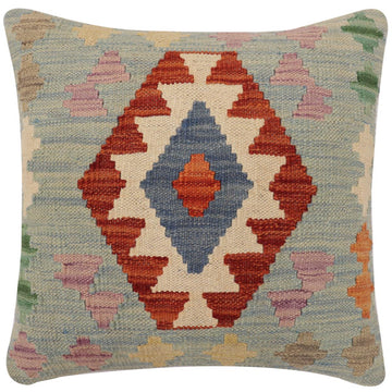 handmade Traditional Pillow Blue Rust Hand-Woven SQUARE 100% WOOL  Hand woven turkish pillow  2 x 2